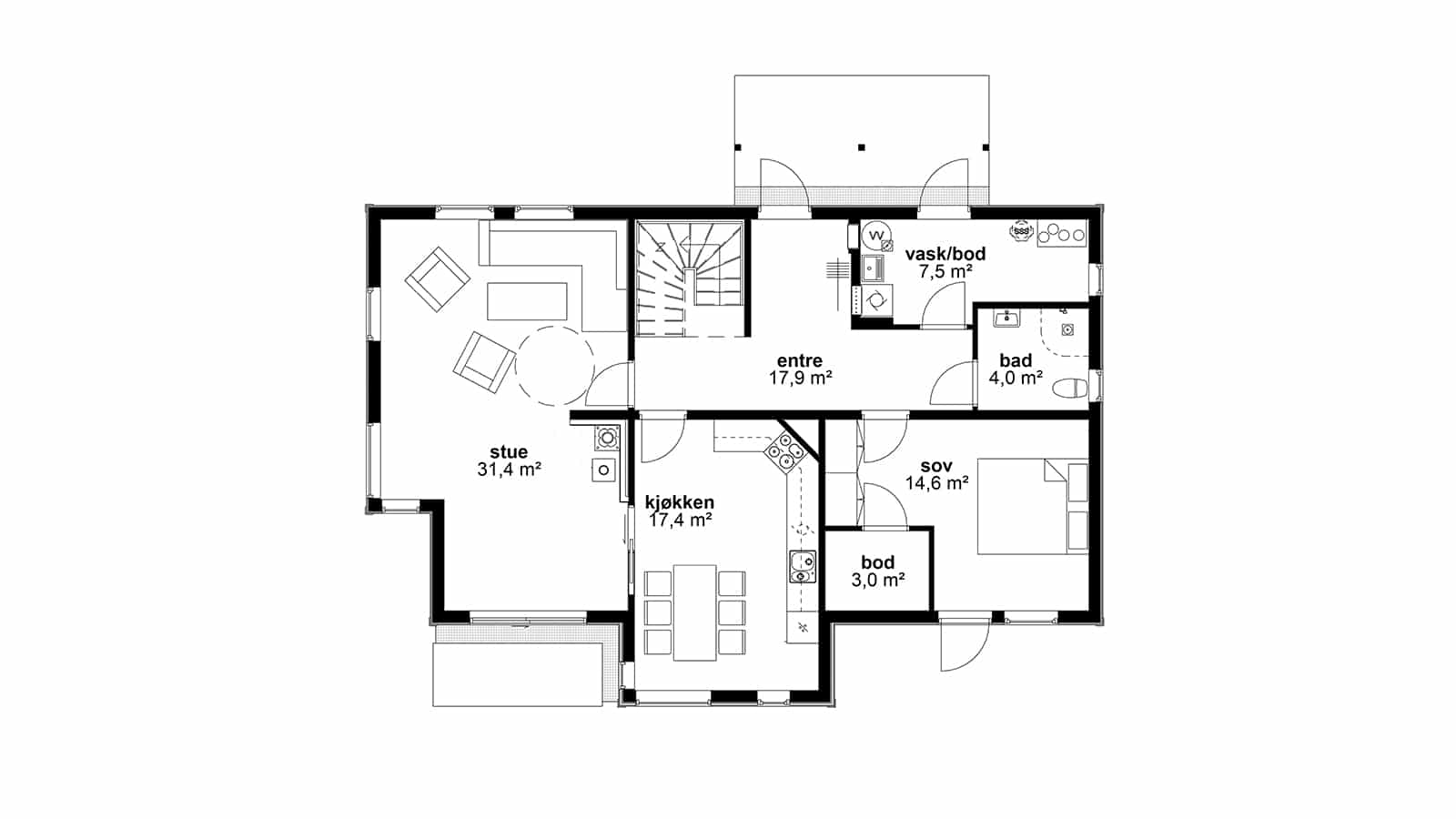 Plantegning av 1. etasje - Helgero. Tradisjonell og moderne bolig