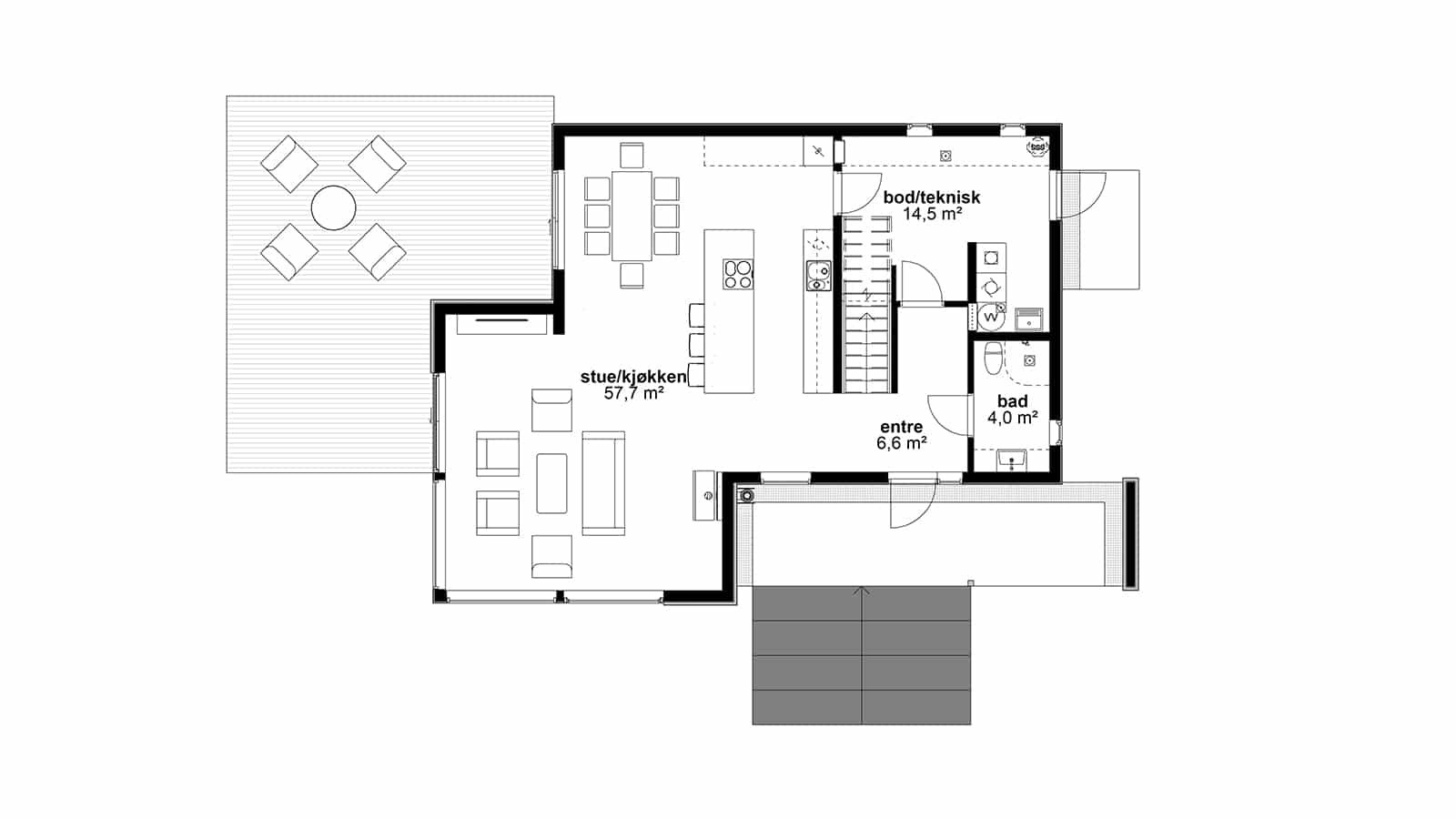 Plantegning av 1.etasje Espresso. Funkishus